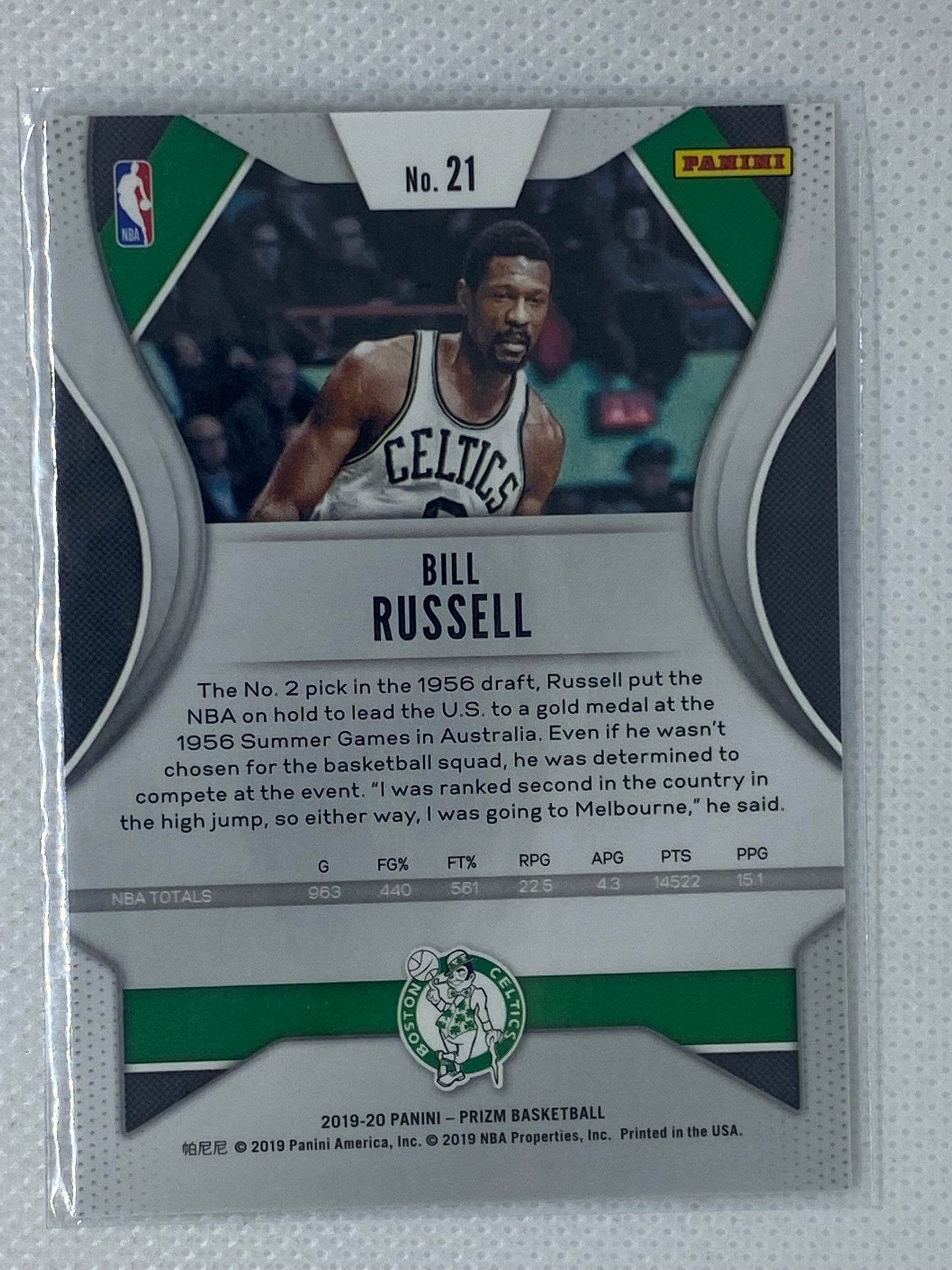 2019-20 Panini Prizm Base #21 Bill Russell - Boston Celtics