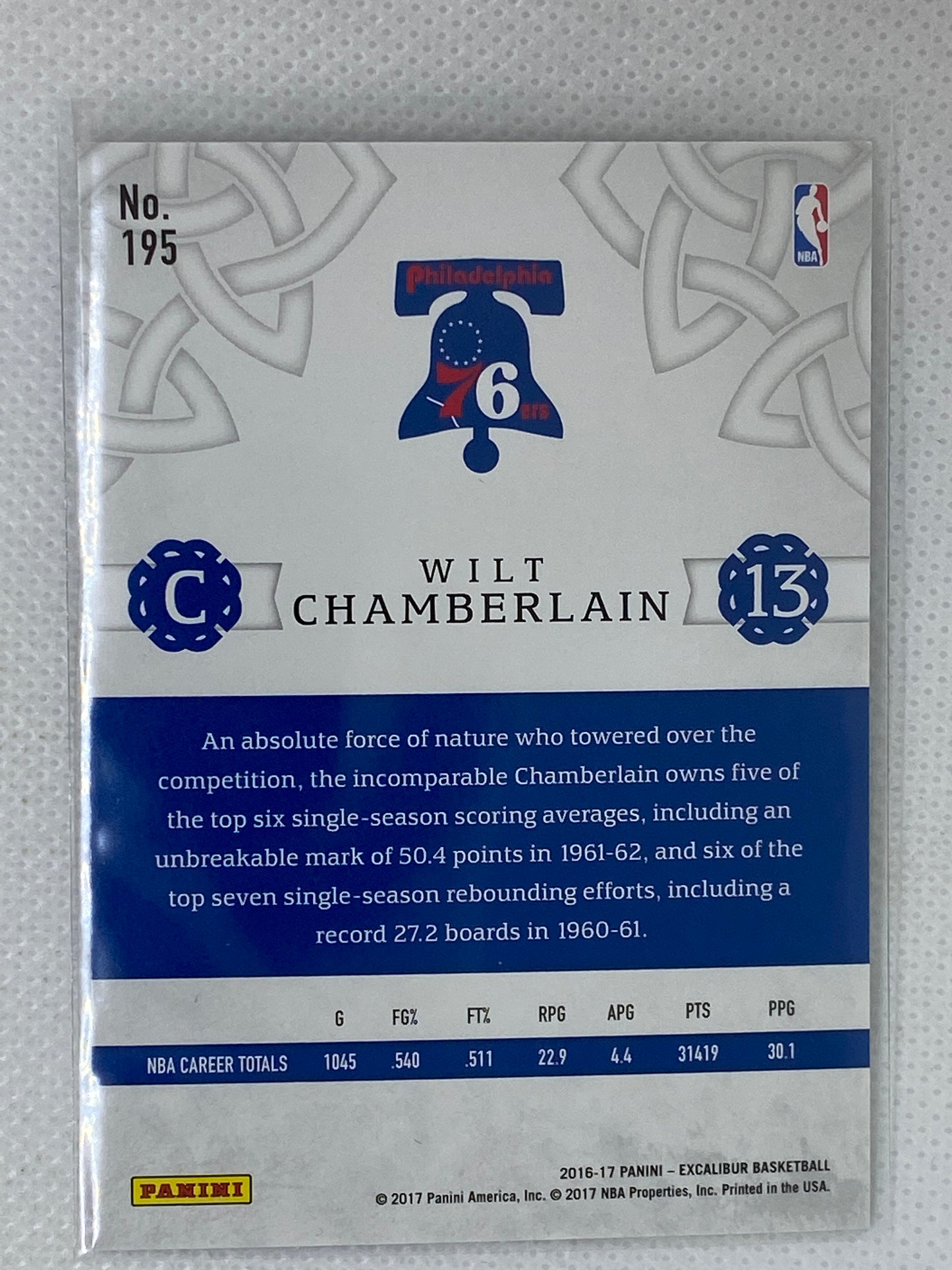 2016-17 Panini Excalibur Basketball Wilt Chamberlain Philadelphia 76ers #195