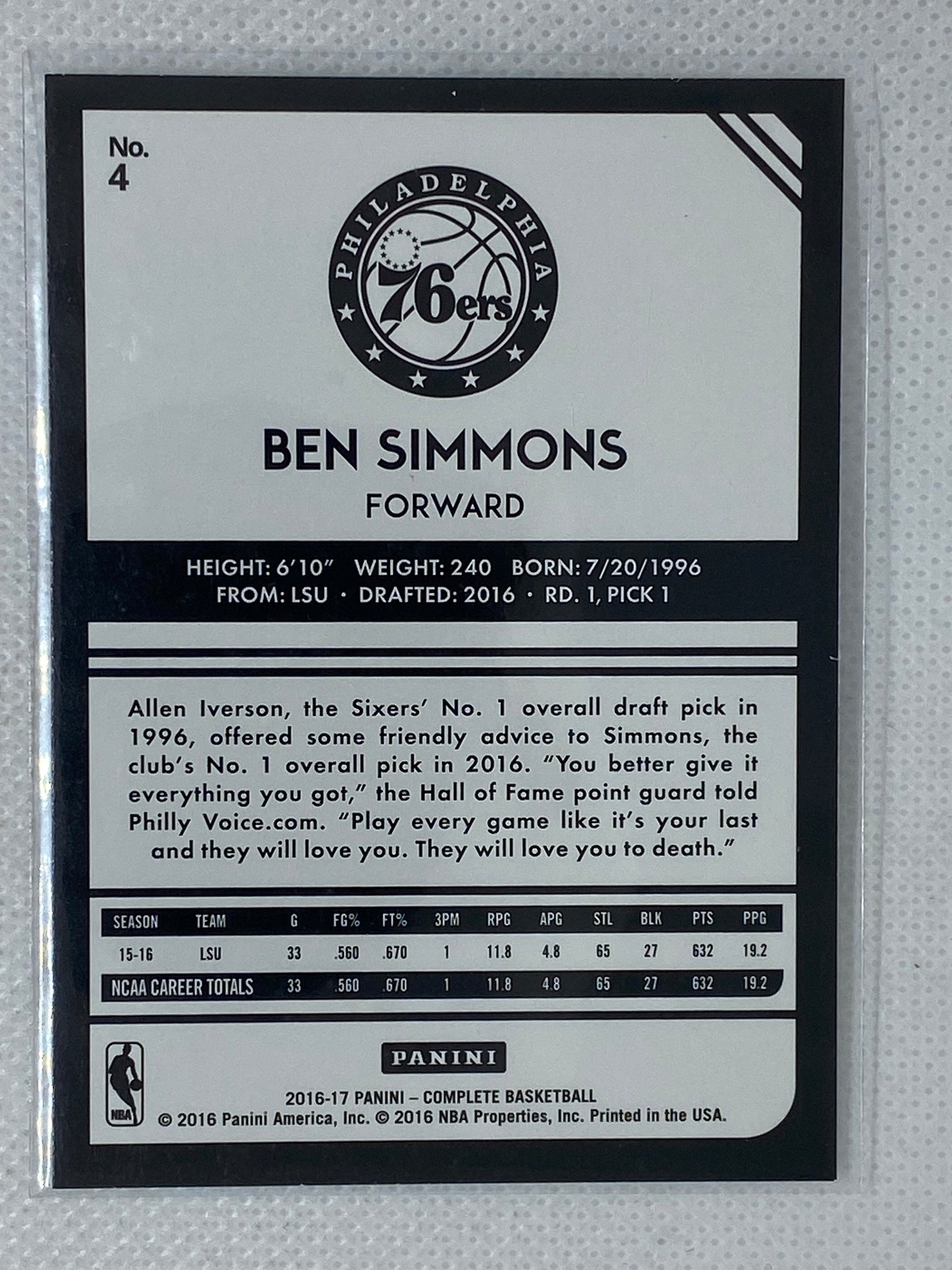 2016-17 Panini Complete RC Ben Simmons #4 Rookie Card 76ers Nets
