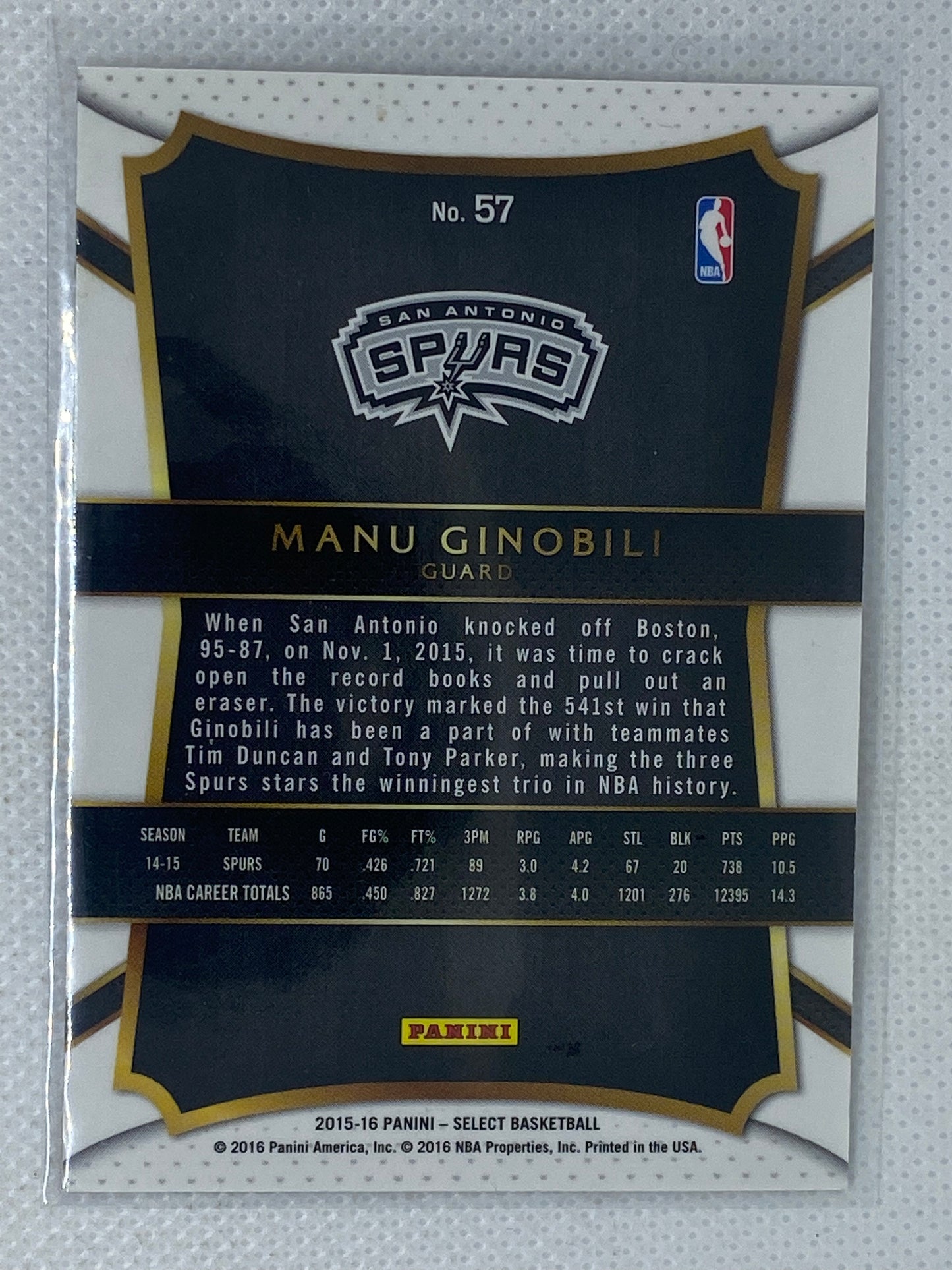 2015-16 Select San Antonio Spurs Basketball Card #57 Manu Ginobili HOF