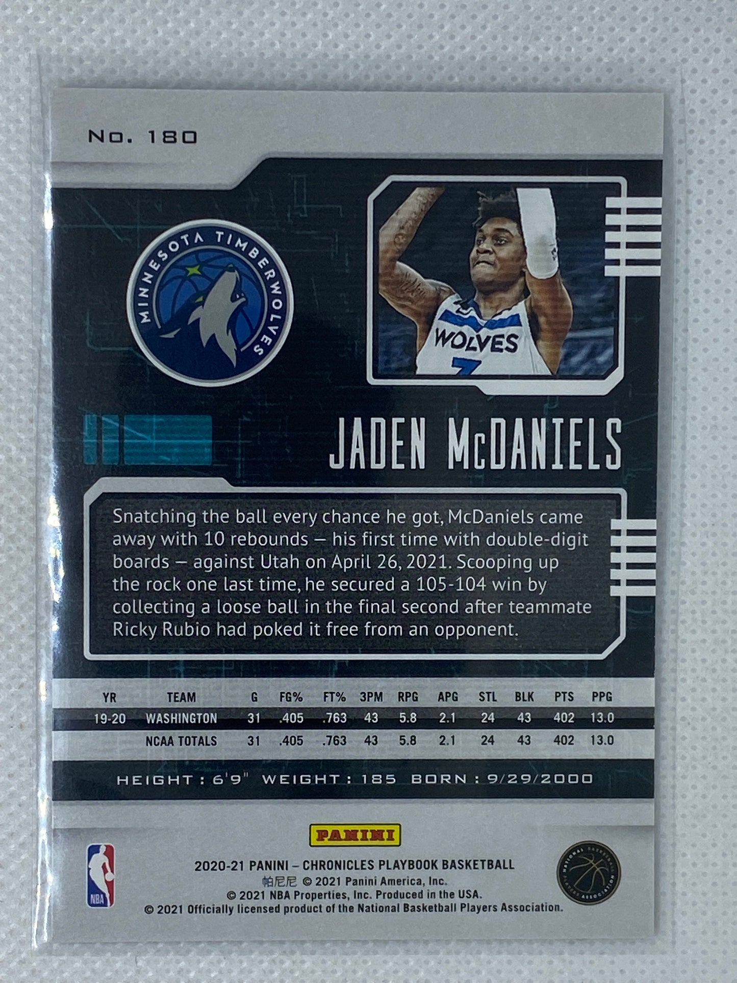 2020-21 Panini Chronicles Playbook Basketball Jaden McDaniels Rookie RC #180