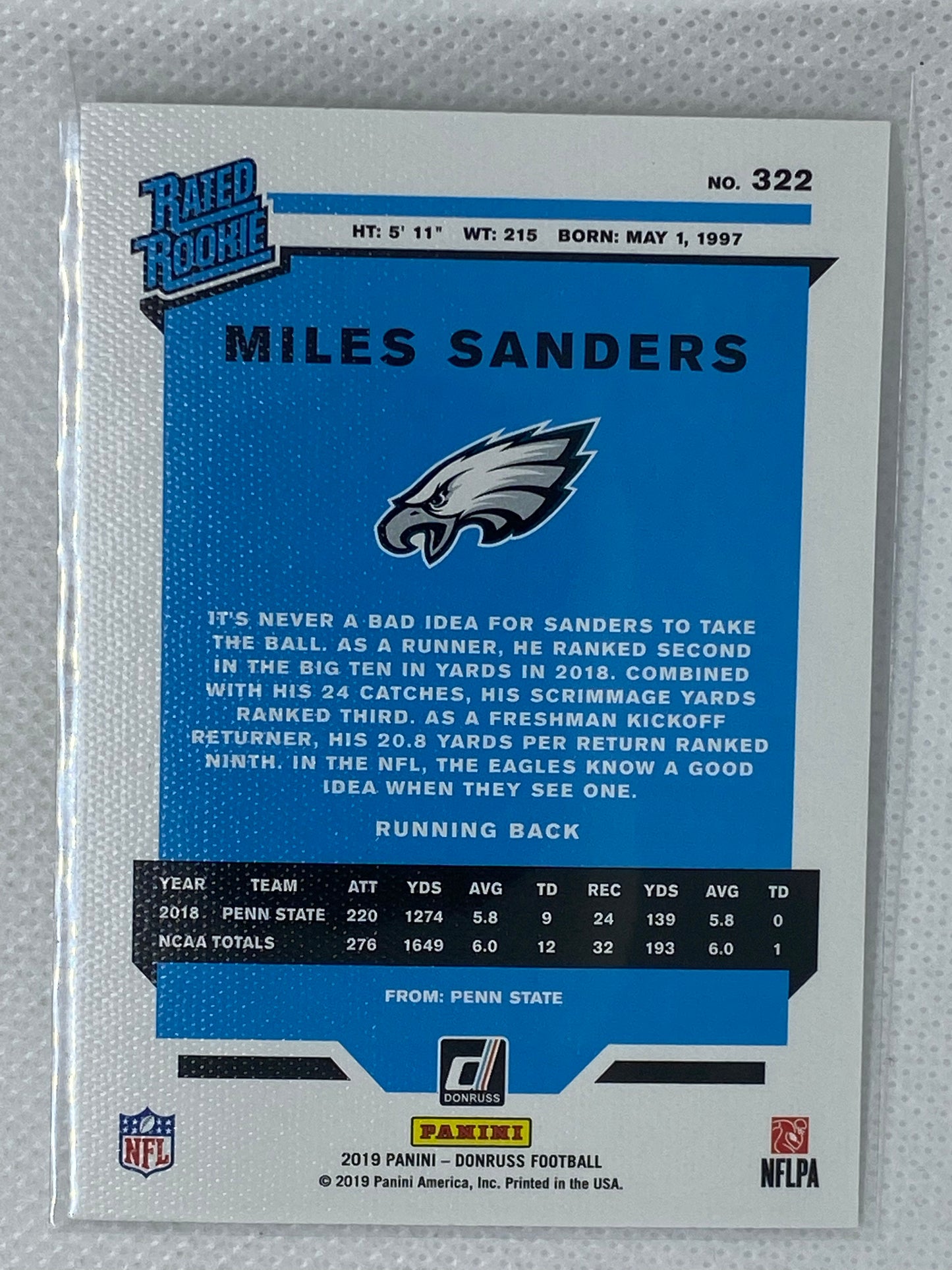 2019 Panini Donruss Football Miles Sanders Rated Rookie Canvas #322 Eagles RC