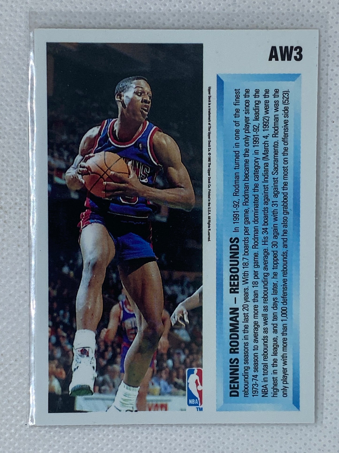 1992-93 Upper Deck Basketball Hologram Dennis Rodman Card #AW3 Detroit Pistons