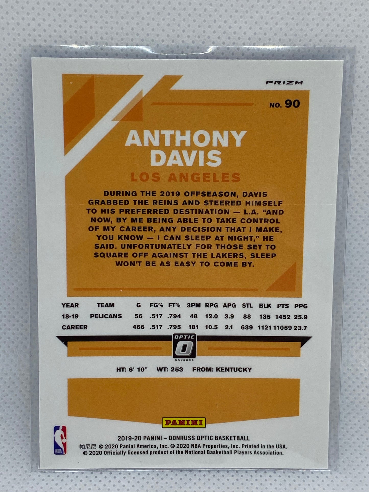 2019-20 Optic Anthony Davis Blue Velocity Prizm #90